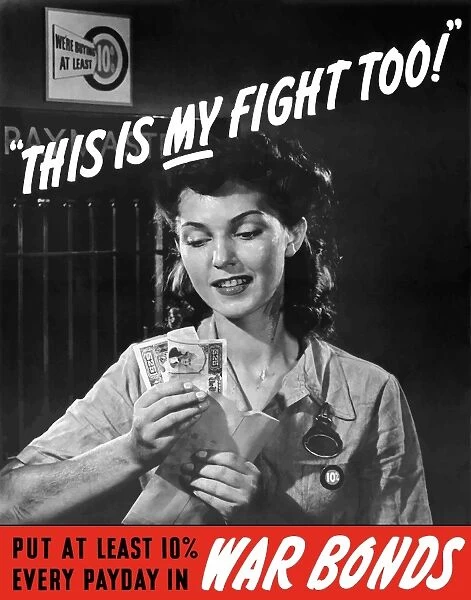 World War II poster of a female factory worker holding her earnings
