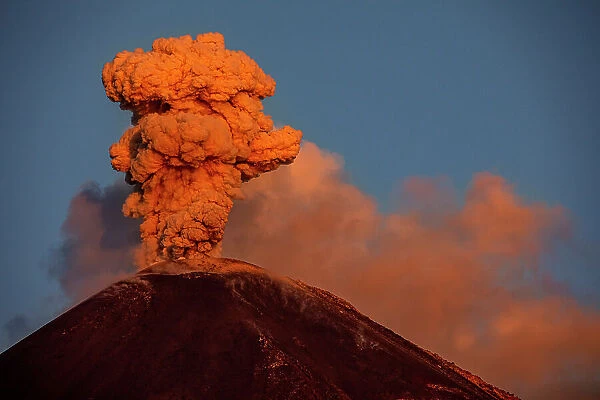 Ash plume erupting from Reventador volcano, El Chaco, Napo, Ecuador. October, 2020