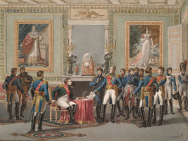 The Abdication of Napoleon at Fontainebleau, 1815. Artist: Vernet, Jules (1792-1843)