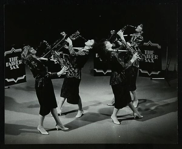 All-female quartet The Fairer Sax performing at the Forum Theatre, Hatfield, Hertfordshire, 1987