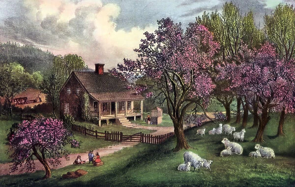 American Homestead in Spring, 1869. Artist: Currier and Ives
