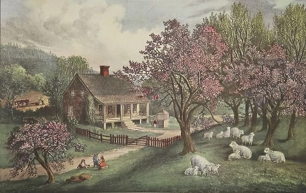 American Homestead - Spring, pub. 1869, Currier & Ives (Colour Lithograph)