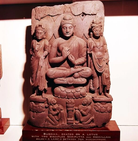 Buddha meditating with disciples, Sariputta and Moggallana, c2nd-3rd century