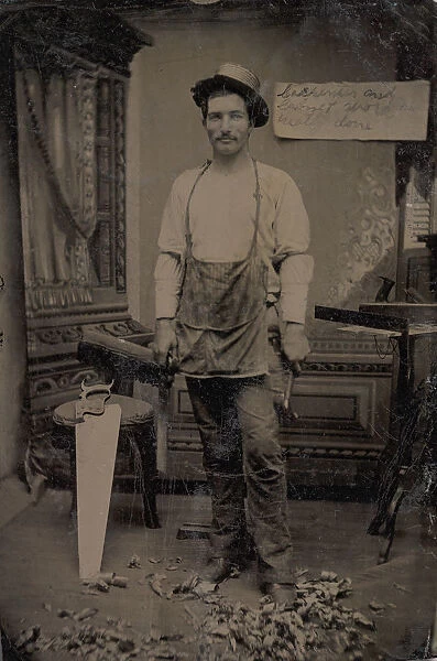 Carpenter or Cabinetmaker Standing Before a Sign Advertising His Trade, 1860s-80s