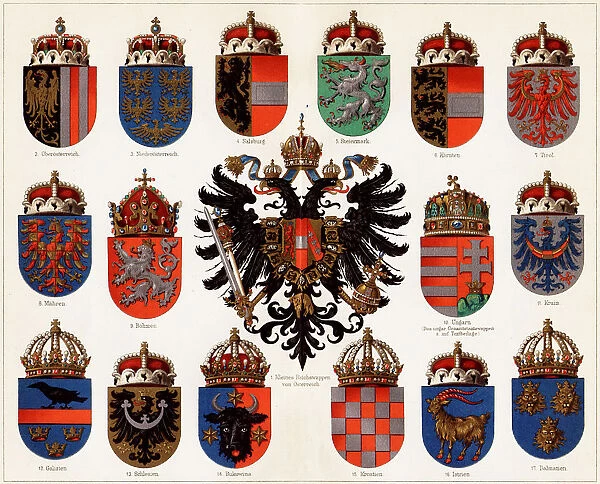 Coats of arms of Counties of Austria-Hungary and small Austrian national coat of arms, c