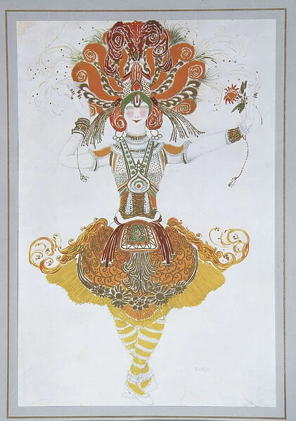 Costume design for Tamara Karsavina in the ballet The Firebird (L oiseau de feu) by I. Stravinsky, 1909-1910. Artist: Bakst, Leon (1866-1924)