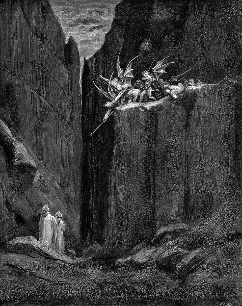 Dante protected by Virgil from harm by demons, 1863. Artist: Gustave Dore