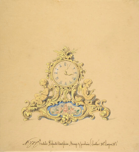 Design for a Clock with Two Cherubs, 19th century. Creator: Anon