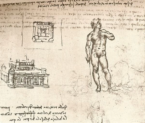 Drawing of plans for a castle, and of a nude figure, washed with Indian ink, c1472-c1519 (1883). Artist: Leonardo da Vinci