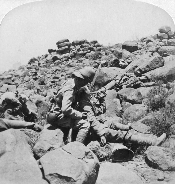 The dying buglers last call, a battlefield incident, Gras Pan, South Africa, 1900. Artist: Underwood & Underwood