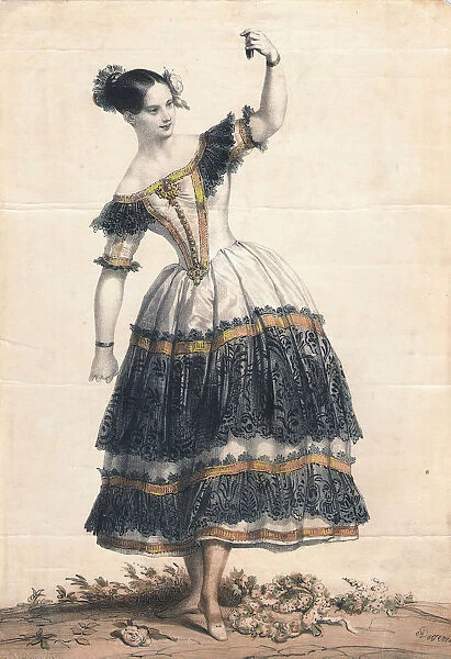 Fanny Elssler as Florinda in the dance La Cachucha (ballet Le Diable boiteux), 1836. Artist: Deveria, Achille (1800-1857)