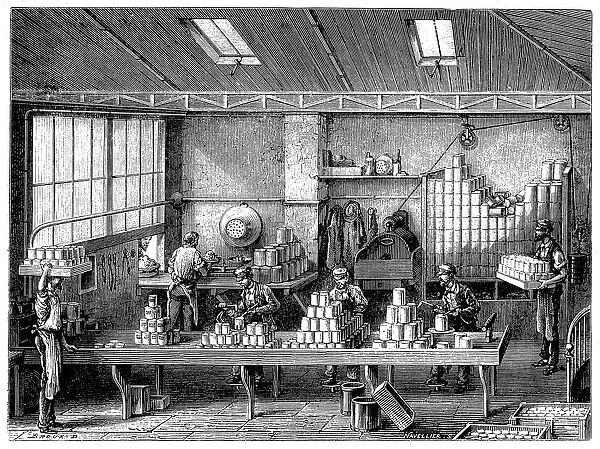 Filling and soldering cans of food, France, c1870
