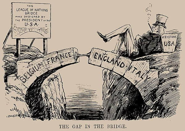 The Gap in the Bridge. Cartoon on the absence of the USA in the League of Nations, Dec 1919