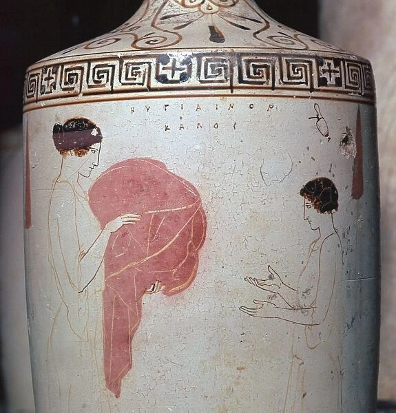Detail of a Greek lekythos showing a mistress and maid, 5th century BC