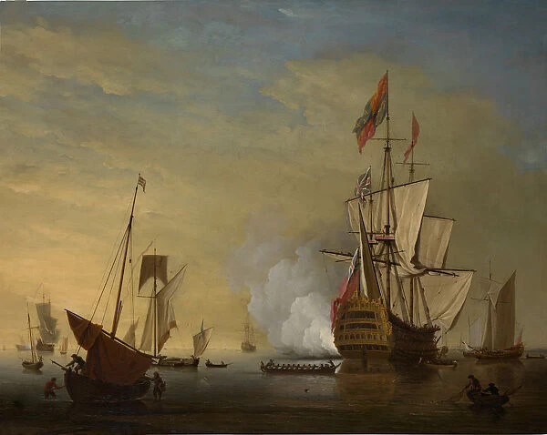 Harbor Scene: An English Ship with Sails Loosened Firing a Gun. Creator: Peter Monamy