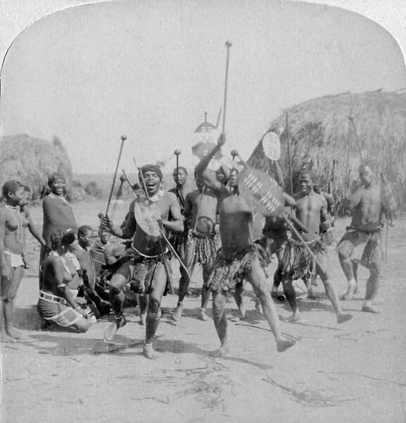 Heroic sports of the Kraal, a Zulu war dance, Zululand, South Africa, 1901. Artist: Underwood & Underwood
