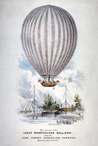 Hot air balloon ascending over Surrey Zoological Gardens, Southwark, London, 1838