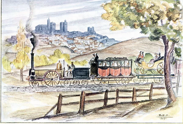The inaugural train of the line from Madrid to Zaragoza in 1859, passing by Siguenza