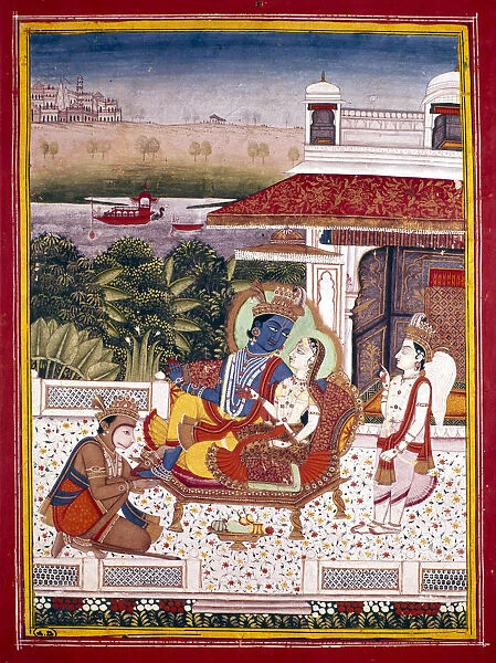 Indian miniature showing Krishna and a princess on a couch, 18th century