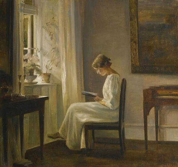 Interior with a Woman Reading. Artist: Holsoe, Carl (1863-1935)