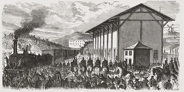 Journey of His Majesty King Alphonse XII to Valencia, train departure, engraving from 1875