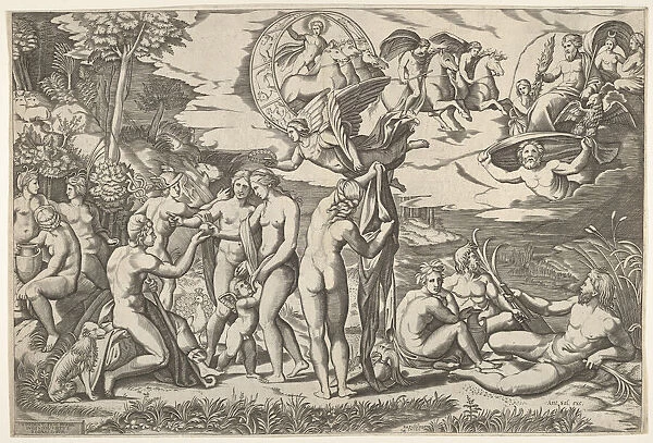 Judgment of Paris: Paris extends his hand toward Venus, who stands between Juno