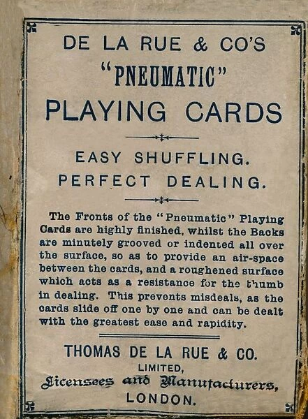 De La Rue & Cos Pneumatic Playing Cards, cover, 1925