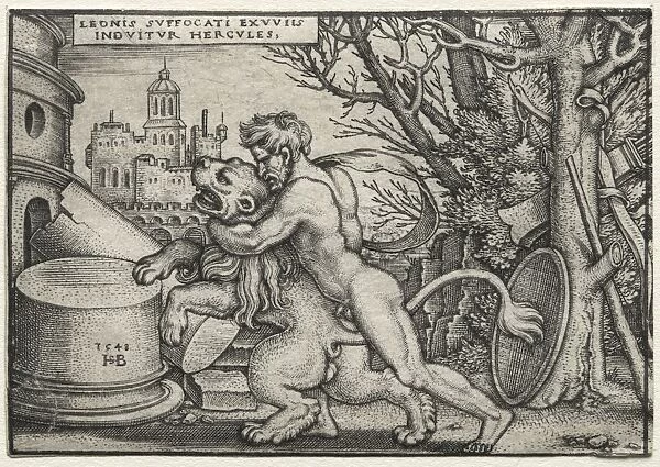 The Labors of Hercules: Hercules Strangling the Nemean Lion, 1548. Creator: Hans Sebald Beham
