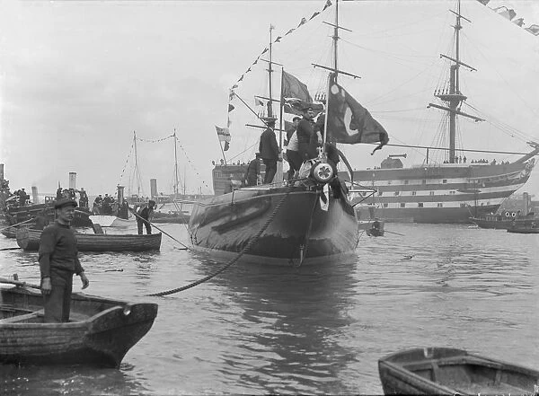 After launch of Shamrock IV at Gosport with H. M. S. Victory in the background, May 1914
