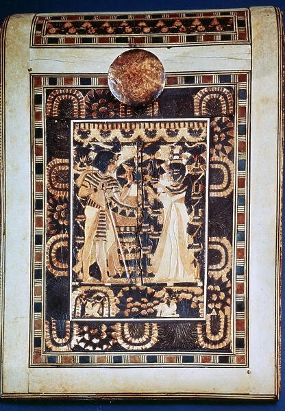 Lid of a coffer showing Tutankhamun and his wife Ankhesenamun in a garden, 14th century BC