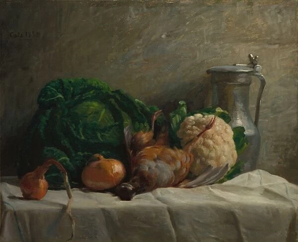 Still Life with Vegetables, Partridge, and a Jug, 1858. Creator: Adolphe-Felix Cals (French