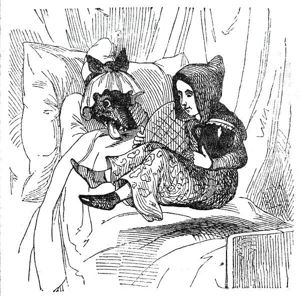 Little Red Riding Hood and the wolf disguised as her grandmother, 1842. Creator: Unknown