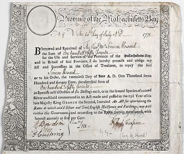 Loan Certificate. Creator: Nathaniel Hurd (American, 1730-1778)