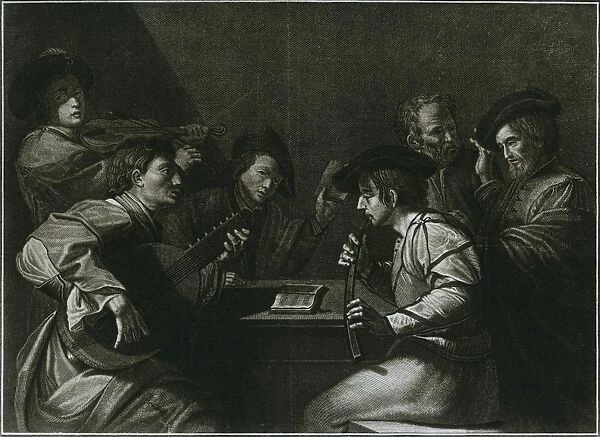 Lute, violin and black (curved) zink; Italian engraving of the year 1784, 1948