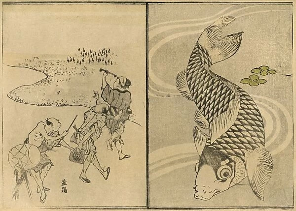 Three men, and carp, 1814, (1924). Creator: Totoya Hokkei