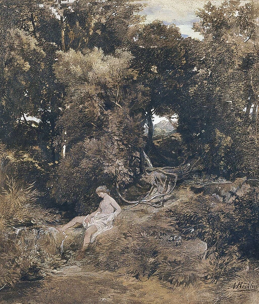 A Nymph at the Fountain (Pan, Chasing a Nymph), 1855. Artist: Bocklin, Arnold (1827-1901)
