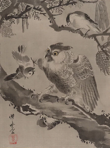 Owl Mocked by Small Birds, ca. 1887. Creator: Kawanabe Kyosai