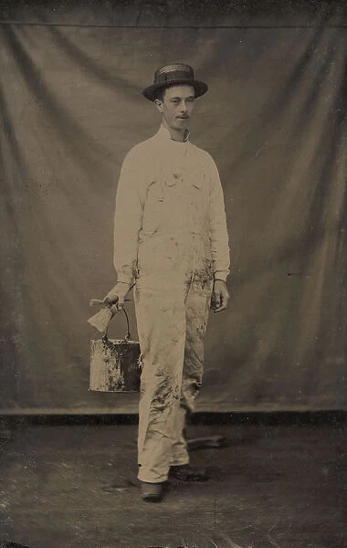 Painter in Paint-spattered Overalls with Brushes and Paint Can, 1870s-80s