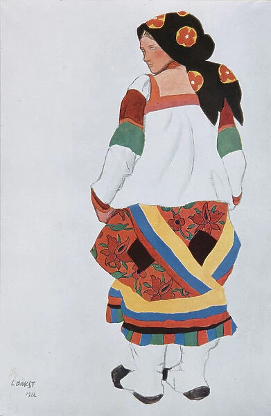 Peasant woman. Costume design for the Vaudeville Old Moscow at the Theatre Femina in Paris, 1922. Artist: Bakst, Leon (1866-1924)