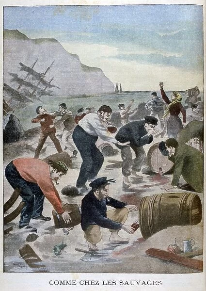 People salvaging items from a shipwreck on the Isle of Wright, 1902