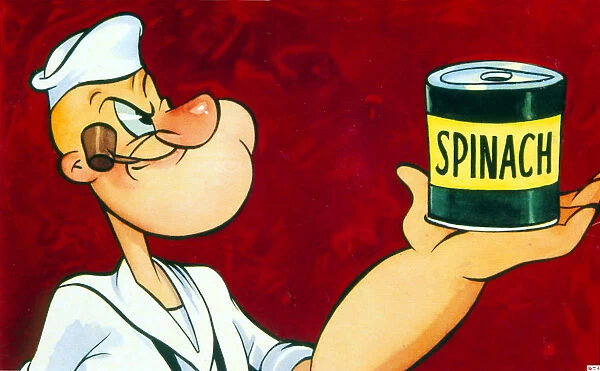 Popeye with a can of spinach, Popeye, the cartoon character created by EC Segar