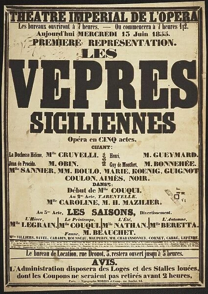 Premiere Poster for the opera Les Vepres siciliennes by Giuseppe Verdi in Theatre imperial de l Oper