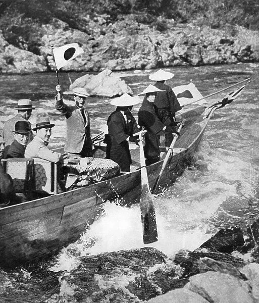The Prince of Wales shooting the rapids at Kyoto, Japan, 1922