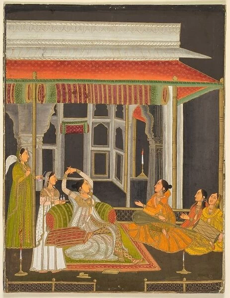 A princess on a terrace with attendants at night (recto); Calligraphy (verso), c. 1760