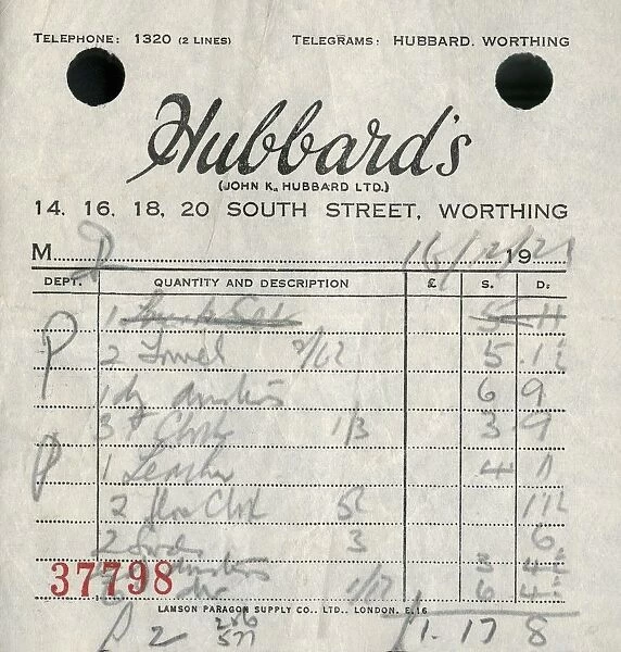 Receipt from Hubbards department store, 1921. Creator: Unknown