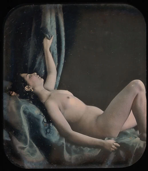 [Reclining Female Nude Posed as Danae], 1850s. Creator: Attributed to Bruno Braquehais