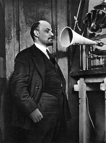 Russian Bolshevik leader Vladimir Lenin at a radio recording in the Kremlin, Moscow, Russia, 1919