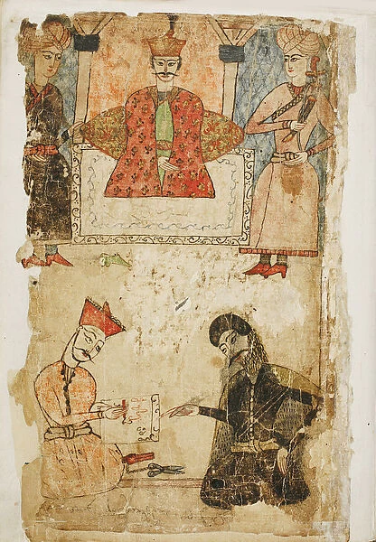Rustaveli dictates his poem to a chancellor. Illustration to the poem The Knight in the Panthers Skin by Shota Rustaveli, Mid of 17th cen Artist: Tavakalashvili, Mamuka (1611-1657)