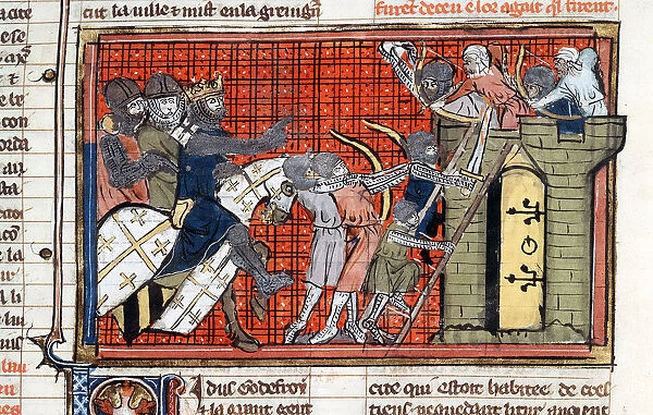 Siege of a town led by Godefroy de Bouillon, c1099, (14th century)