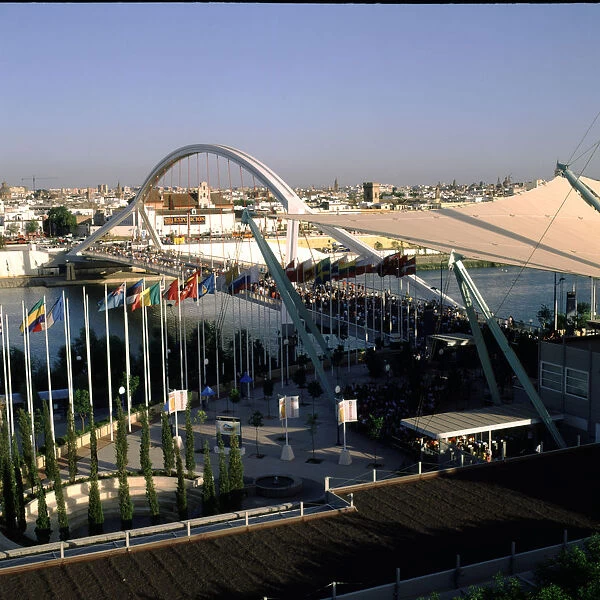View of the entrance by the Barqueta bridge in the Universal Exhibition of Seville in 1992